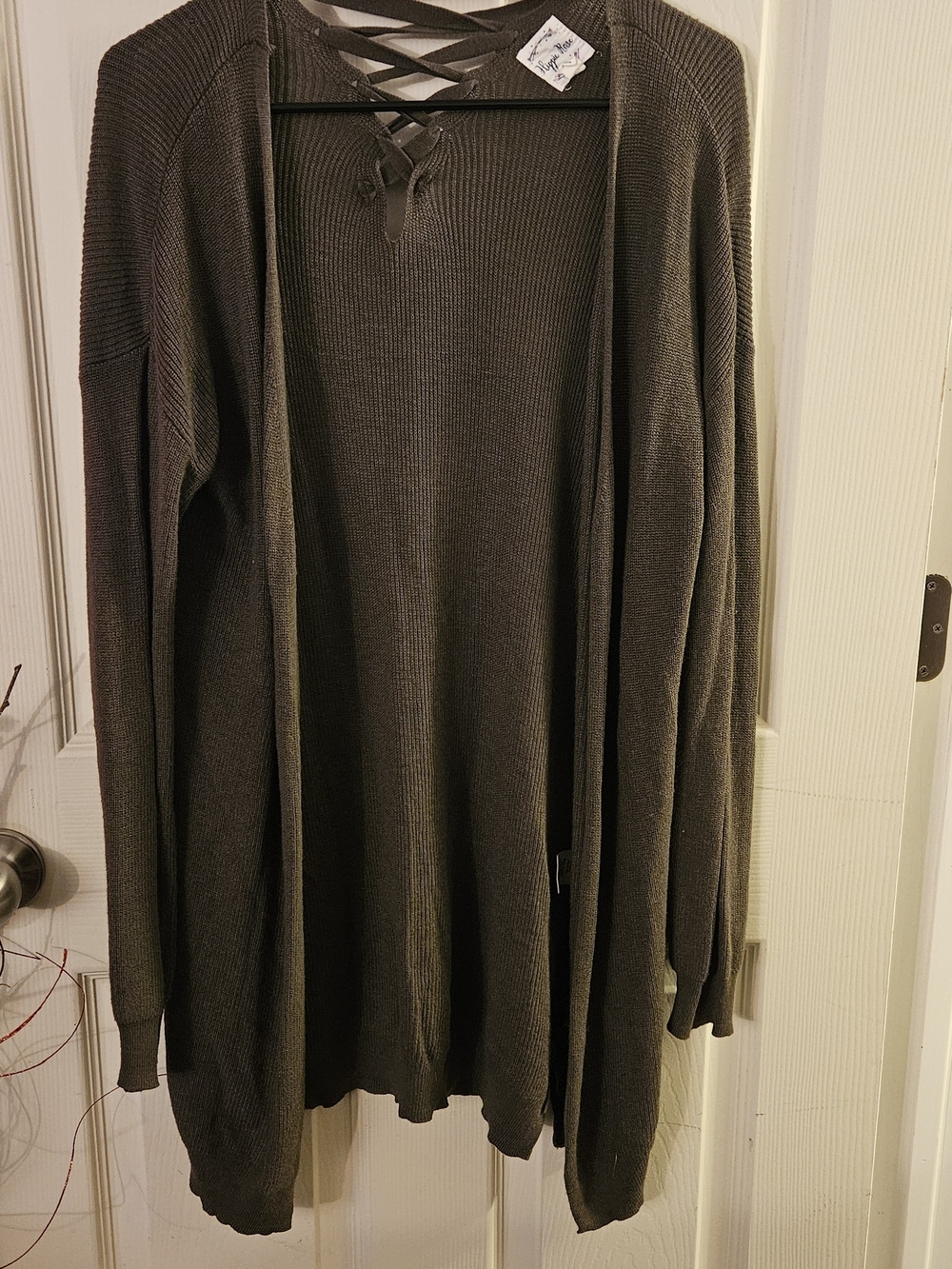 Hippie Rose Dark Brown Lace-Up Neck Open Front Knit Cardigan